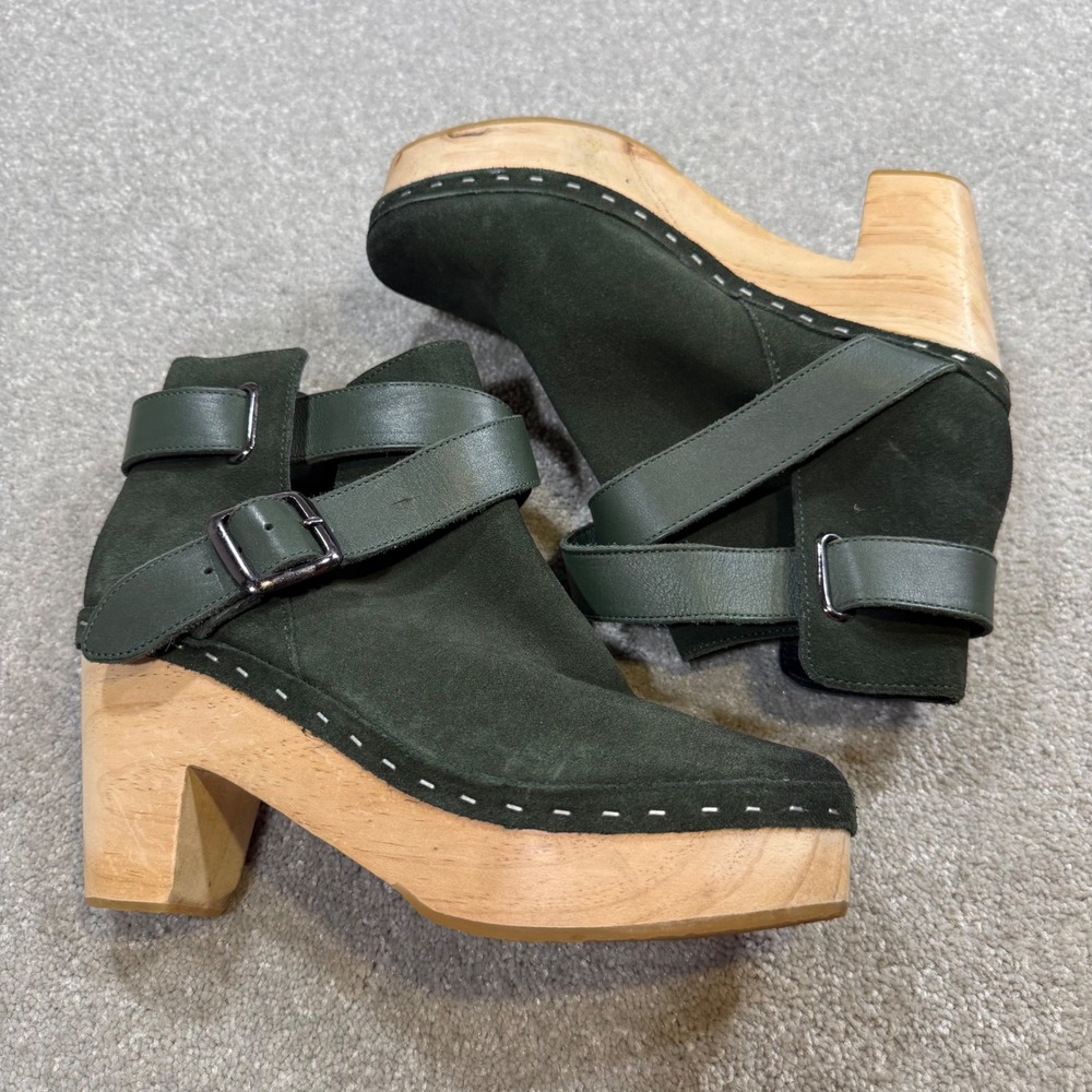 Free People Suede Bungalow Clog Boots Wood Forest Green Moto Ankle‎ Strap 37 6.5